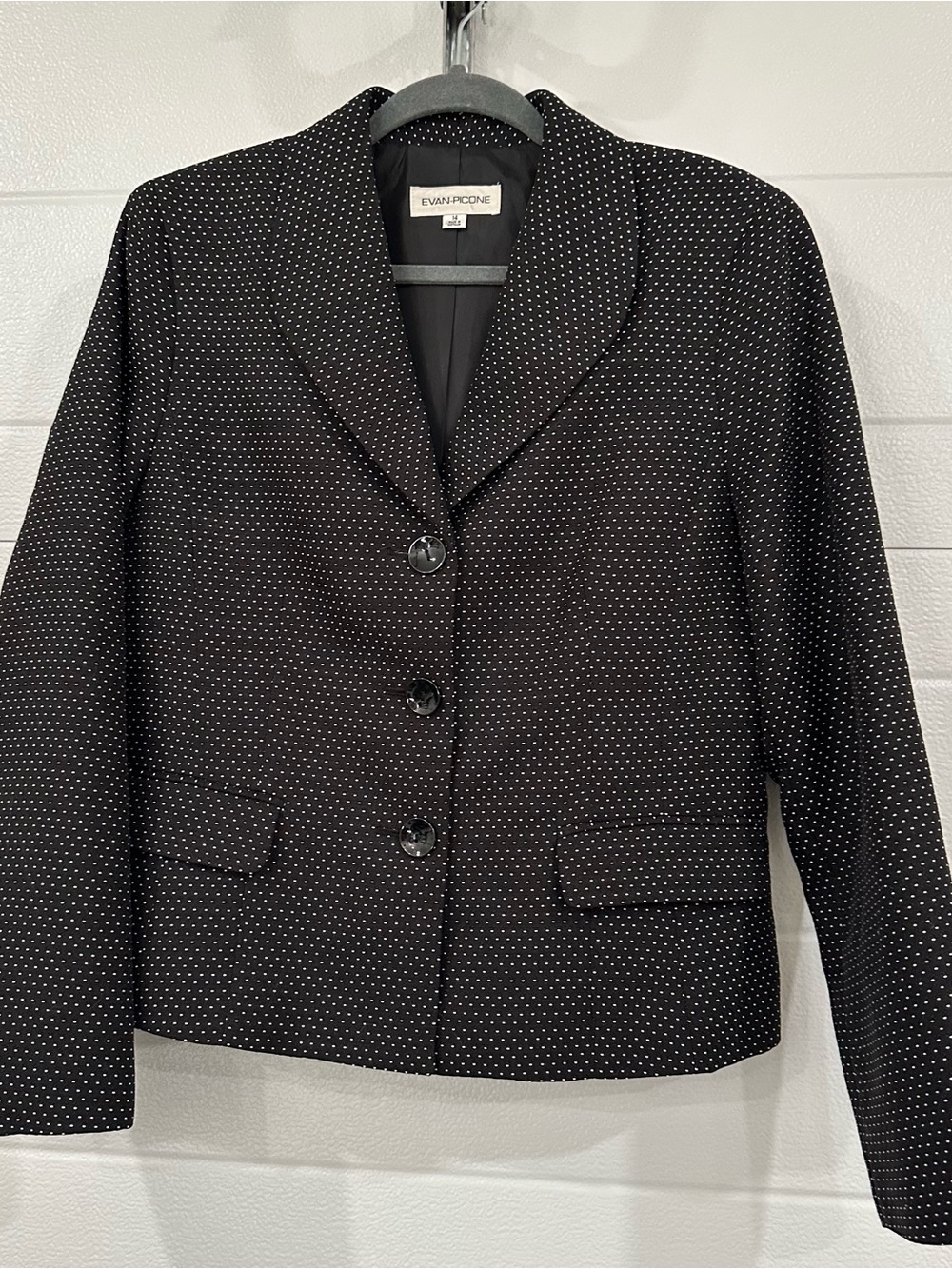 Evan Picone Black Dot-Print Short Blazer,size 14,office,professional,classic